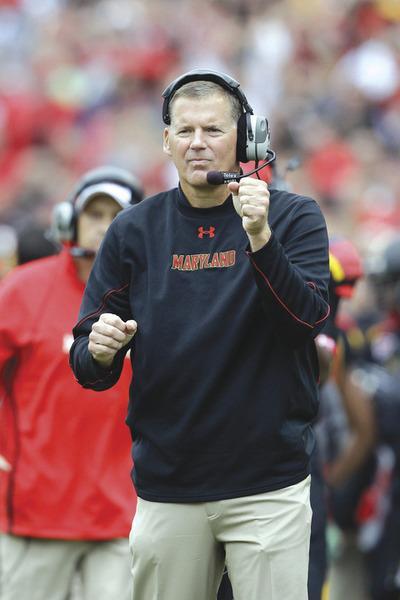 COLLEGE PARK, MD-SEPTEMBER 17: Head coach Randy Edsall of the Maryland Terrapins looks on from the sidelines during the first half against the West Virginia Mountaineers at Byrd Stadium on September 17, 2011 in College Park, Maryland.(Photo by Rob Carr/Getty Images)