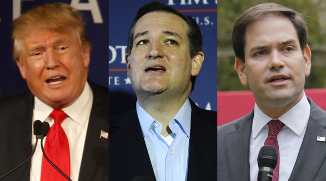 Cruz and Rubio each lead Trump by six percentage points, 53-47, when they face Trump one-on-one. (AP photos)