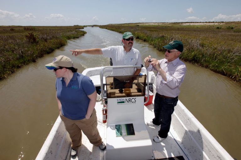   FILE - In this Tuesday, June 28, 2011 file photo, Scott Alford, center, a soil conservationist for the Natural Resources Conservation Service, points out features of a manmade marsh to Harris Sherman, right, undersecretary for natural resources and the environment at the U.S. Department of Agriculture and Julie Grogan-Brown, left, also with the USDA, near Baytown, Texas. The marsh is part of a project to restore lost wetlands and islands off the Texas coast. A report released to The Associated Press says the Natural Resources Conservation Service has already committed more than a half-billion dollars to the Gulf Coast in the past two years, nearly one-fifth of it on projects directly linked to recovery from the 2010 oil spill. (AP Photo/David J. Phillip, File)  