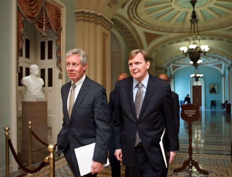 GMMB partner Jim Margolis, left, with President Obama's campaign manager Jim Messina in 2012. Margolis was a key advisor during Obama's last two camaigns. (AP Photo/J. Scott Applewhite)