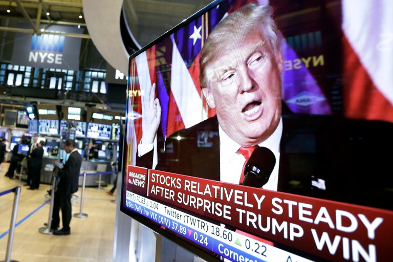 The first day of the 'Trump trade,' above, saw stocks rise amid speculation that having Republicans in control of all three branches of government would yield outsize economic growth. That bet has paid off for most of Donald Trump's presidency, though market-rattling moves from the White House this month have shaken confidence.