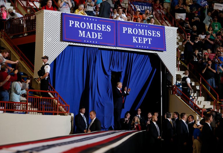 President Donald Trump arrives to speak at the Pennsylvania Farm Show Complex and Expo Center in Harrisburg, Pa., Saturday, April, 29, 2017. (AP Photo/Carolyn Kaster)