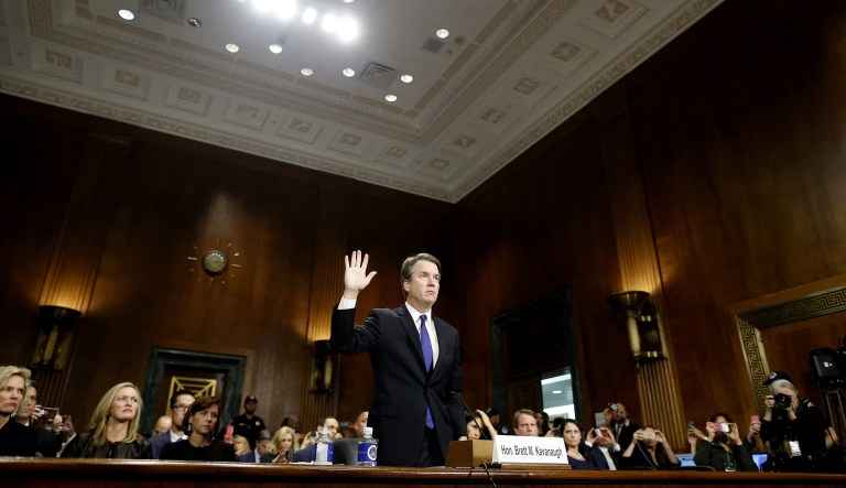 Brett Kavanaugh, President Trump's nominee to the Supreme Court, is sworn in to a Senate Judiciary Committee hearing in Washington, D.C., on Thursday, Sept. 27, 2018.