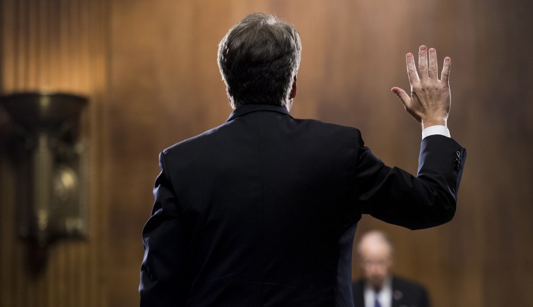 Brett Kavanaugh, President Trump's Supreme Court nominee, is sworn in during a Senate Judiciary Committee hearing in Washington, D.C., on Thursday, Sept. 27, 2018.