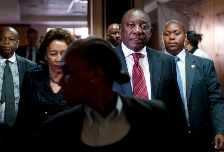 This photo taken Monday, Aug. 11 2014 shows newly elected deputy president Cyril Ramaphosa arrives at the Marikana commission of inquiry in Centurion, South Africa. Ramaphosa, a former union leader and businessman testified Monday and Tuesday Aug. 12, 12 2014, before a panel that is investigating the killings of several dozen people who were killed during labor unrest at platinum mine operations in Marikana in 2012. (AP Photo)