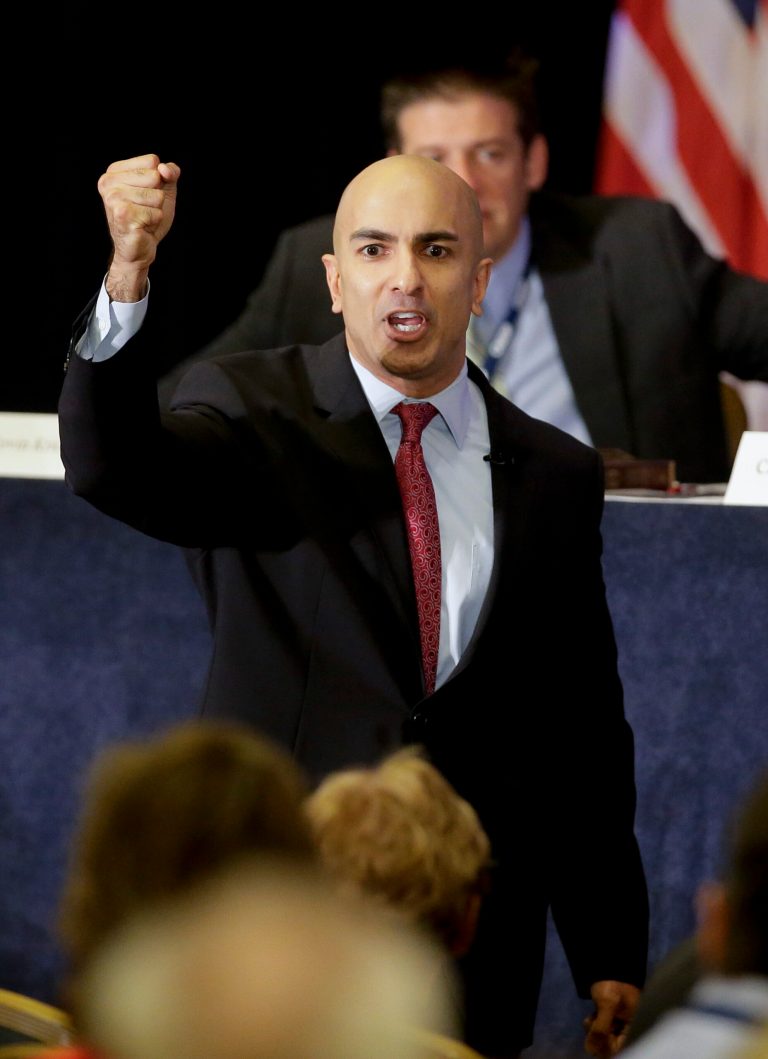 Republican candidate for California governor Neel Kashkari speaks during general assembly meeting at the California GOP convention on Sunday, Sept. 21, 2014 in Los Angeles. Nowhere has the effort to attract a new generation of Republicans been more fraught than in left-leaning California, where the GOP's registration has slid to 28.5 percent _ just a few percentage points above the 21 percent of registered voters who are unaffiliated with any party.  (AP Photo/Chris Carlson)