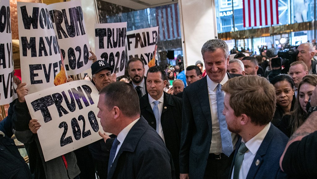 ‘Worst mayor ever’: Bill de Blasio heckled by protesters during Trump Tower press conference