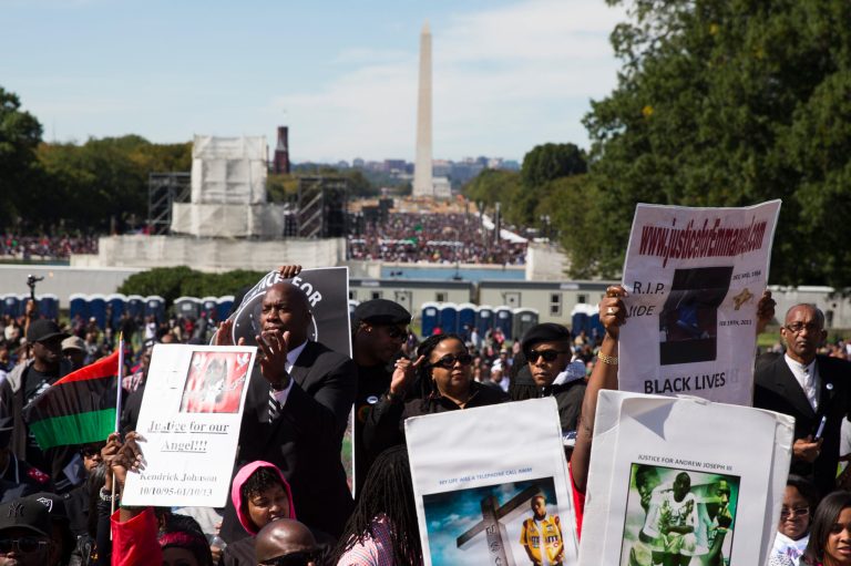 People cheer during a rally to mark the 20th anniversary of the Million Man March, on Capitol Hill, on Saturday, Oct. 10, 2015, in Washington D.C. Waving flags, carrying signs and listening to speeches and songs, the crowd gathered at the U.S. Capitol and spread down the Mall. (AP Photo/Evan Vucci)