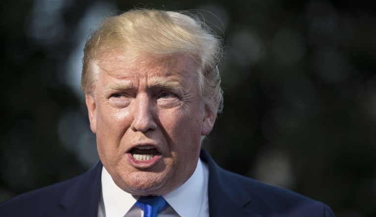 President Trump speaks to members of the media before boarding Marine One on the South Lawn of the White House in Washington, D.C., on Sunday, June 2, 2019.