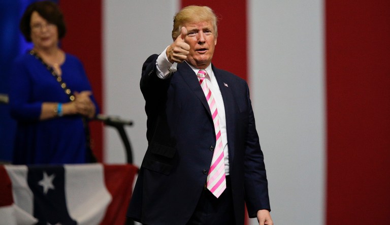 President Donald Trump speaks at a campaign rally in support of Sen. Luther Strange, Friday, Sept. 22, 2017, in Huntsville, Ala. (AP Photo/Brynn Anderson)