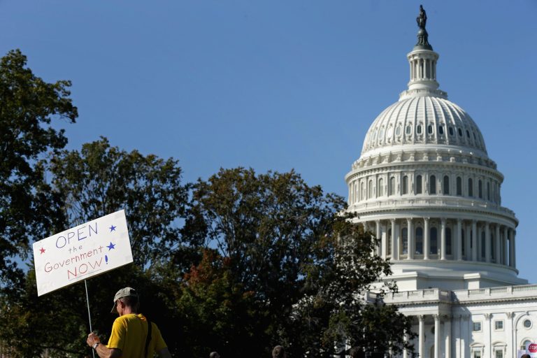 Protesters call for an end to the federal government shutdown outside the Capitol earlier this month. (Chip Somodevilla/Getty Images)