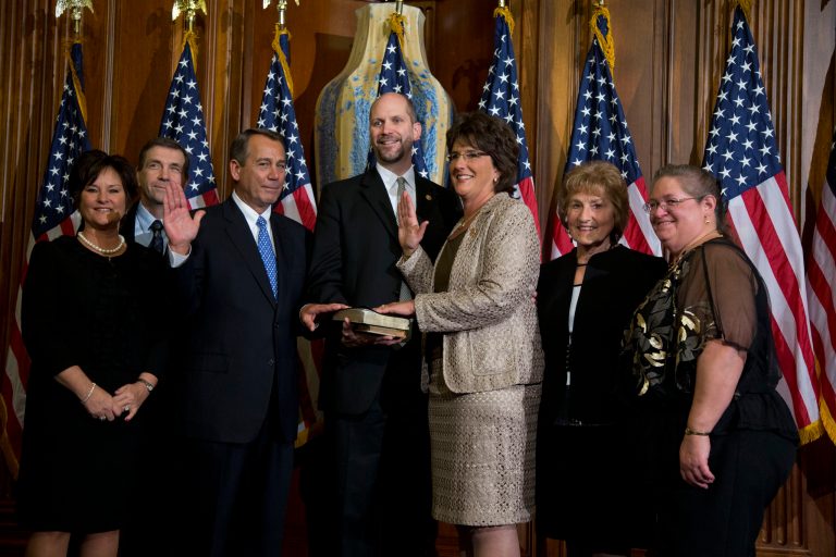   FILE - In this Jan. 3, 2013, file photo Rep. Jackie Walorski, R-Ind., third from right, participates in a mock swearing-in ceremony with Speaker of the House Rep. John Boehner, R-Ohio, for the 113th Congress on Thursday, Jan. 3, 2013 in Washington. Persuading first-term Republicans in the House is President Barack Obamaâs toughest sell on military strikes against Syria. Many of the three dozen freshmen come from solidly GOP districts where voters have a deep distrust of the president on health care and immigration. 