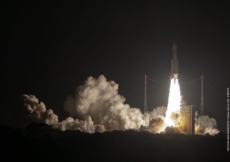 In this photo provided by Service Optique CSG, the Ariane 5 lifts-off carrying the Argentine made ARSAT-1 geostationary communications satellite, from Kourou, French Guiana, Thursday, Oct. 16, 2014. According the Argentine authorities the satellite will offer Internet, cell phone and television signals for the next 15 years for Argentina, Uruguay and Chile. (AP Photo/Service Optique CSG)