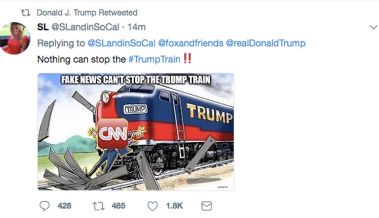 President Trump retweeted an image of a CNN reporter getting hit by a train early Tuesday. (Twitter)