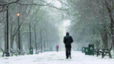 A pedestrian walks through the snow in Washington Park on Friday in Albany, N.Y.  (AP Photo / Mike Groll)