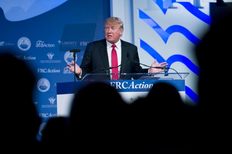 Republican presidential candidate, businessman Donald Trump, speaks during the Values Voter Summit, held by the Family Research Council Action, Friday, Sept. 25, 2015, in Washington. ( AP Photo/Jose Luis Magana)
