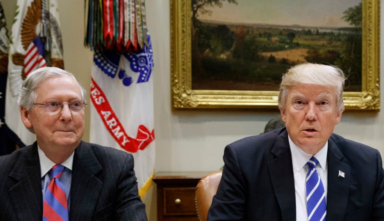 Majority of Republican voters favor President Trump over Senate Majority Leader Mitch McConnell following last week's showdown between the two over the GOP's stalled agenda, according to a new poll. (AP Photo/Evan Vucci)