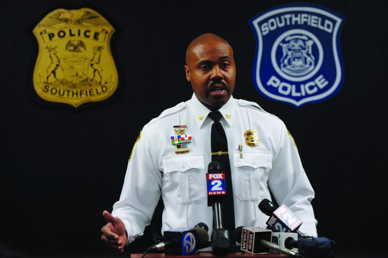 Southfield Police Chief Eric Hawkins holds a news conference Monday, Nov. 12, 2012, in Southfield, Mich., about Sunday's shooting inside the police offices, that wounded a 50-year-old officer and killed the gunman. The gunman was identified as Harold Joseph Collins, a veteran and resident of Southfield; the wounded officer was not identified. (AP Photo/Detroit News, Brandy Baker) DETROIT FREE PRESS OUT; HUFFINGTON POST OUT