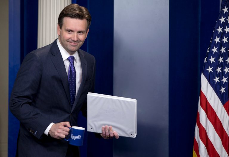 White House press secretary Josh Earnest arrives for the the daily news briefing at the White House in Washington, Tuesday, May 19, 2015. (AP Photo/Carolyn Kaster)
