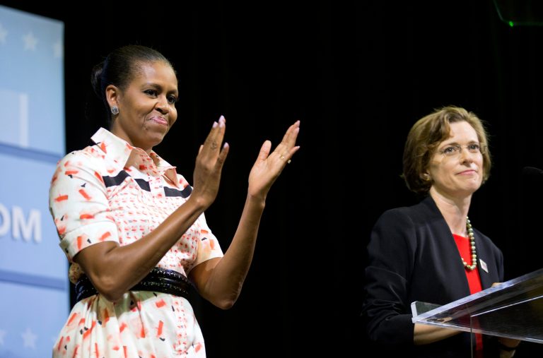 First lady Michelle Obama, left, traveled to Georgia Monday to stump for Democratic Senate candidate Michelle Nunn. (AP Photo)