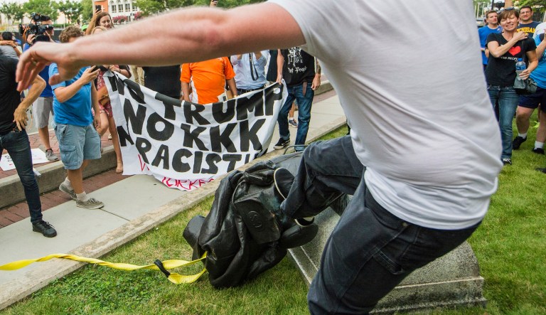Law enforcement has offered no indication as to whether or not the statue would be put back up. (Casey Toth/The Herald-Sun via AP)