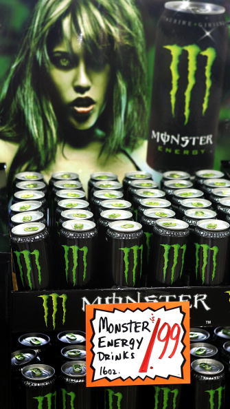 FILE - DES PLAINES, IL - Bottles of energy drink, Monster, lie on display at a market March 6, 2006 in Des Plaines, Illinois. (Photo by Tim Boyle/Getty Images)