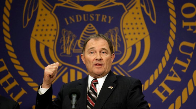 Utah Gov. Gary Herbert makes remarks during Medicaid expansion news conference Thursday, Feb. 27, 2014, in Salt Lake City. Herbert announced he wants to reject a full Medicaid expansion, and instead seek federal dollars to cover the poor. Herbert made the announcement Thursday afternoon, saying the state has an obligation to cover the poor by plugging a hole in the safety net.  (AP Photo/Rick Bowmer)
