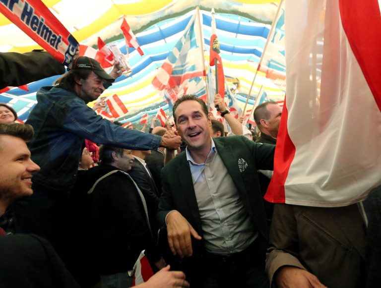 Heinz-Christian Strache head of Austria's right-wing Freedom Party, FPOe, arrives for a pre election party for the European Parliament in Linz, Austria, Thursday, May 1, 2014. (AP Photo/Ronald Zak)