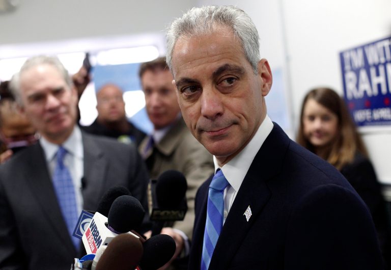 Chicago's mayor and candidate for re-election Rahm Emanuel speaks to reporters during a news conference at his campaign office April 6, 2015 in Chicago, Illinois. Emanuel is challenging Cook County Commissioner Jesus 