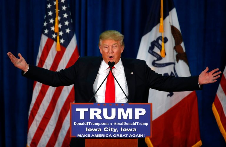‘You can get killed’: Trump ‘on alert’ for flying tomatoes from protesters Republican presidential candidate Donald Trump speaks during a campaign event at the University of Iowa Field House, Tuesday, Jan. 26, 2016 in Iowa City, Iowa.