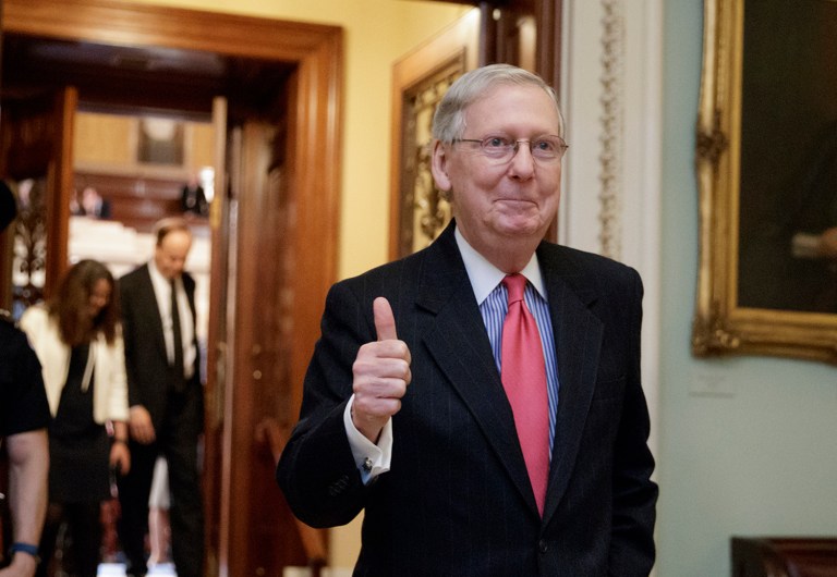 Senate Majority Leader Mitch McConnell led the GOP majority to change Senate rules and lower the vote threshold for Supreme Court nominees from 60 votes to a simple majority in order to advance Neil Gorsuch to a confirmation vote. (AP Photo/J. Scott Applewhite)