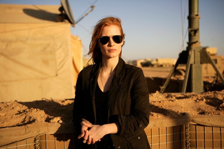   FILE - This undated publicity film image provided by Columbia Pictures Industries, Inc. shows Jessica Chastain playing a member of the elite team of spies and military operatives stationed in a covert base overseas who secretly devoted themselves to finding Osama Bin Laden in Columbia Pictures' gripping new thriller directed by Kathryn Bigelow, 