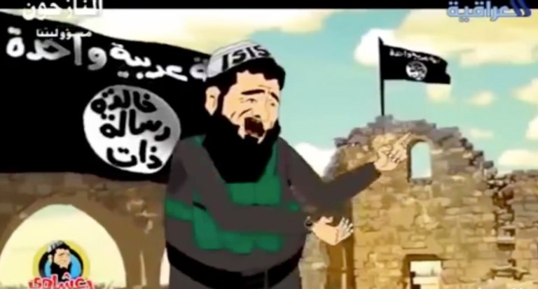In this image made from an undated cartoon broadcast on state-run al-Iraqiya TV in Iraq, a cartoon character portrayed as a member or a supporter of the Islamic State group sings a song. Television networks across the Middle East have begun airing cartoons and comedy programs using satire to criticize the group and its claim of representing Islam. And while not directly confronting their battlefield gains, the shows challenge the legitimacy of the Islamic group and chips away at the fear some have that they are unstoppable. The Arabic writing on the flag reads, 