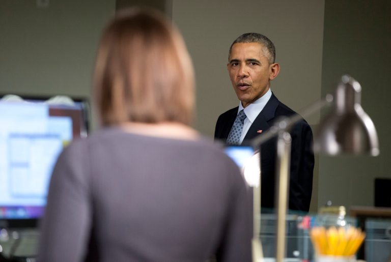 President Barack Obama tours Indatus in Louisville, Ky., Thursday, April 2, 2015, before speaking about his concerns about $300 billion cost of eliminating a tax that the White House says would affect relatively few people. (AP Photo/Carolyn Kaster)