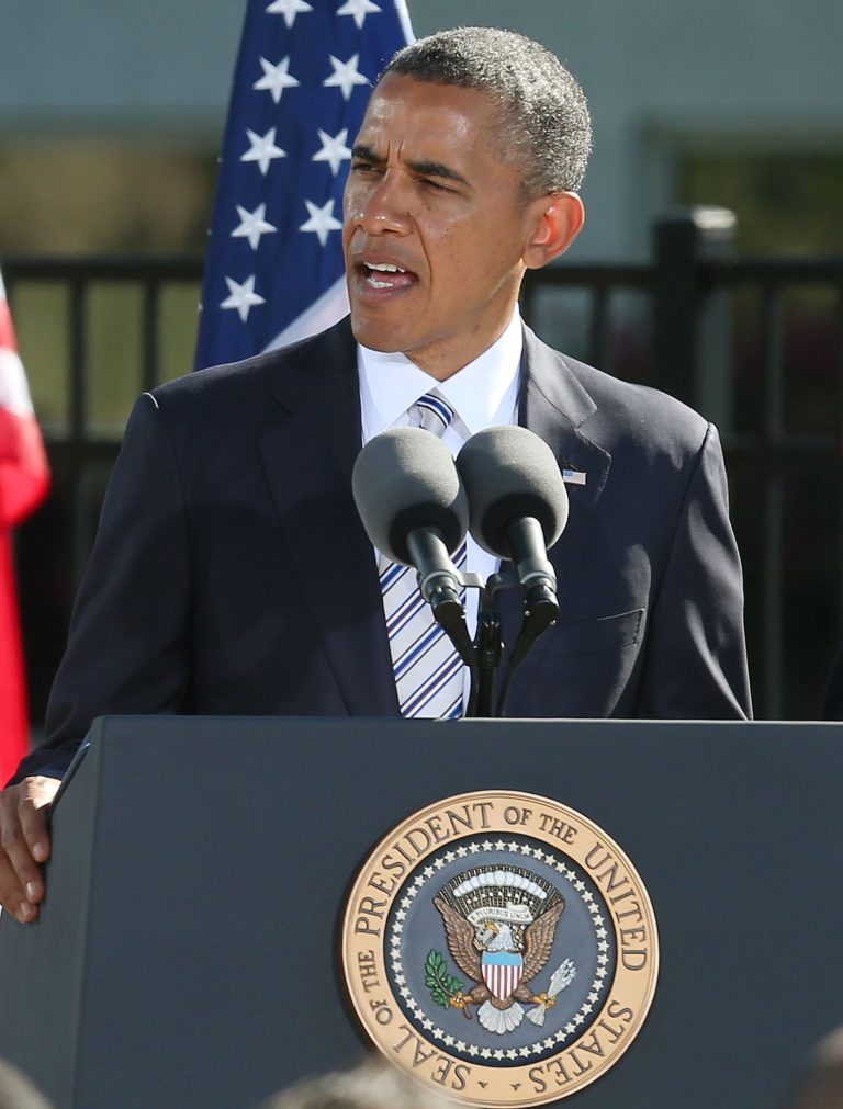 ARLINGTON, VA - SEPTEMBER 11:  U.S. President Barack Obama (C), speaks during a 9/11 remembrance ceremony at the Pentagon, September 11, 2012 in Arlington, Virginia. U.S. President Barack Obama joined staff and family members at the Pentagon to commemorate the eleventh anniversary of the September 11 attacks.  (Photo by Mark Wilson/Getty Images)