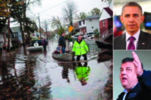 An emergency responder helps to evacuate people after their neighborhood in Little Ferry, N.J., was flooded by  Hurricane Sandy. Inset (from top): President Obama and Gov. Chris Christie. (AP Photo)