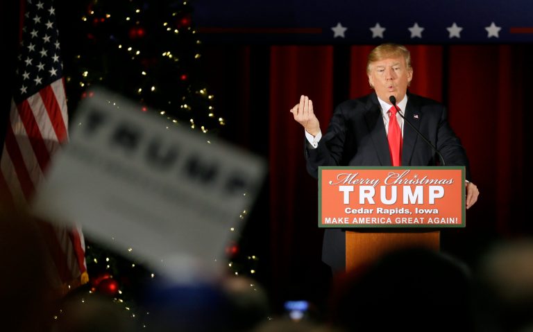 Trump went after an array of news organizations during a campaign event Saturday. (AP Photo/Charlie Neibergall)