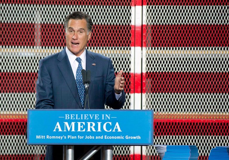 Republican presidential hopeful former Massachusetts Gov. Mitt Romney talks about his plan for creating jobs and improving the economy during a speech Tuesday, Sept. 6, 2011, in Las Vegas, at McCandless International Trucks.
