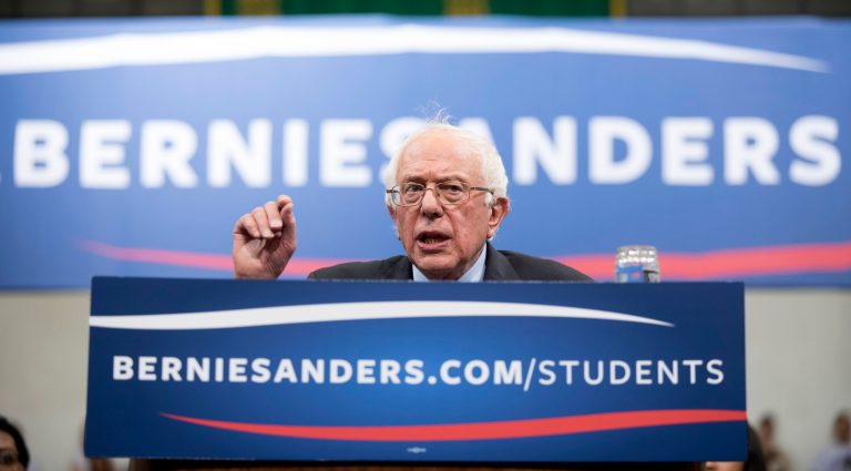 Democratic-Socialist presidential candidate Sen. Bernie Sanders, I-Vt., speaks at a town hall meeting with students at George Mason University in Fairfax, Va., on Wednesday. (AP Photo/Kevin Wolf)