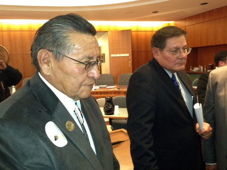Navajo Nation President Ben Shelly, left, and Navajo Council Delegate LoRenzo Bates speak at a news conference Wednesday  Feb. 5, 2014, at the state Capitol in Santa Fe, N.M., after a New Mexico legislative committee recommended that the House and Senate approve a new gambling compact with the tribe. Shelly appealed to other tribes and pueblos to drop their opposition to the compact, which would allow the Navajos to open three additional casinos over 15 years. (AP Photo/Barry Massey)