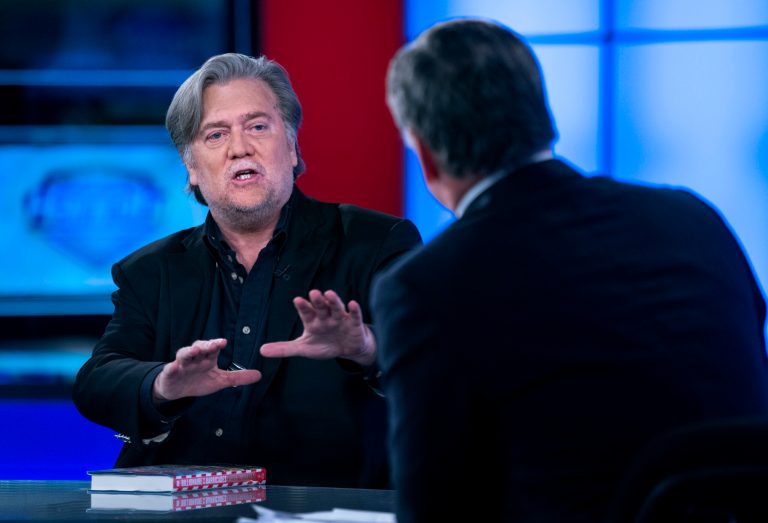 Former White House strategist Steve Bannon, left, takes part in an interview with host Sean Hannity, on the set of Fox News Channel's Hannity, in New York Monday, Oct 9, 2017. (AP Photo/Craig Ruttle)