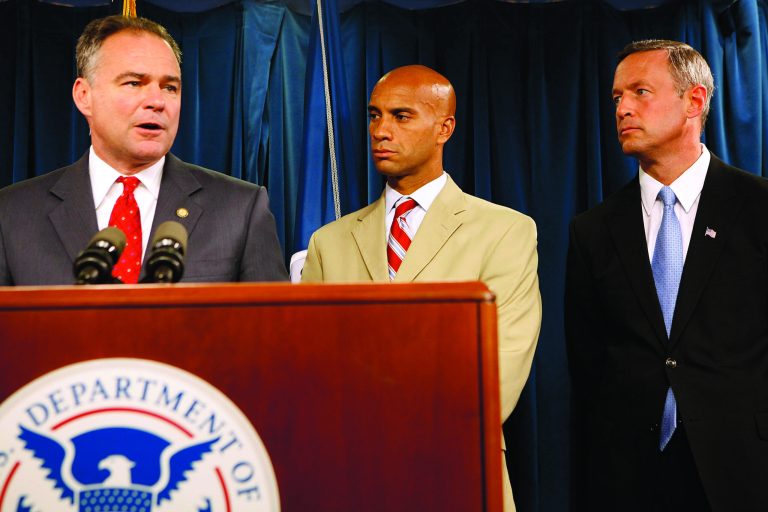 Former Virginia Gov. Tim Kaine, left, with former District of Columbia Mayor Adrian Fenty and Maryland Gov. Martin O'Malley, right.  O'Malley and Kaine speak at the Democratic Convention Tuesday night. (Photo by Chip Somodevilla/Getty Images)