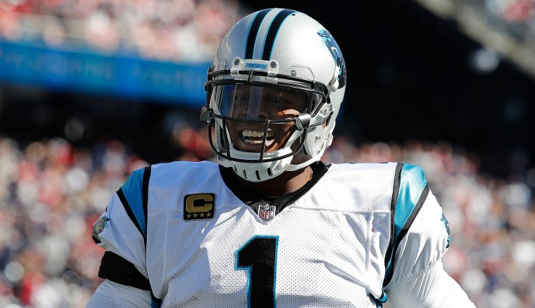 Jourdan Rodrigue of the Charlotte Observer asked Newton a perfectly normal question about wide receiver Devin Funchess that caused him to bust into a wide grin and offer a response destined for viral infamy. (Winslow Townson/AP Images for Panini)