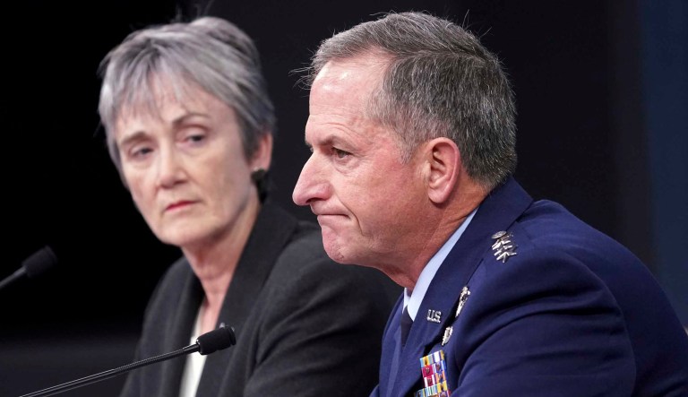 Air Force Secretary Heather Wilson, left, and Gen. David L. Goldfein, right, chief of staff of the U.S. Air Force, have raised concerns about retaining people as many pilots leave for better pay in the civilian sector. (AP Photo/Pablo Martinez Monsivais )