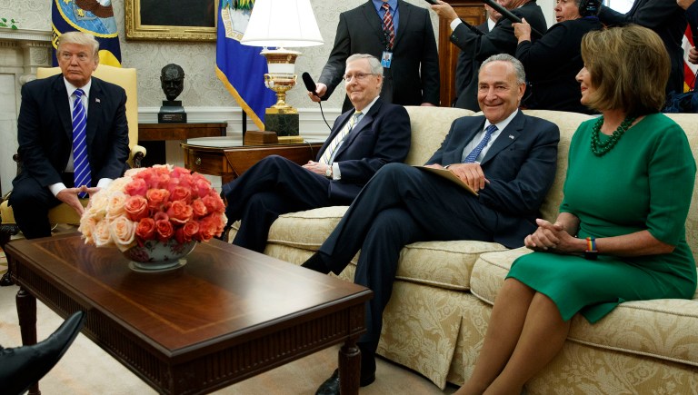 President Trump's immigration proposal asks for tough concessions from Democrats. Above, Trump meets with Senate Majority Leader Mitch McConnell, R-Ky., Senate Minority Leader Chuck Schumer, D-N.Y., House Minority Leader Nancy Pelosi, D-Calif., and other Congressional leaders in the Oval Office of the White House. (AP Photo/Evan Vucci)