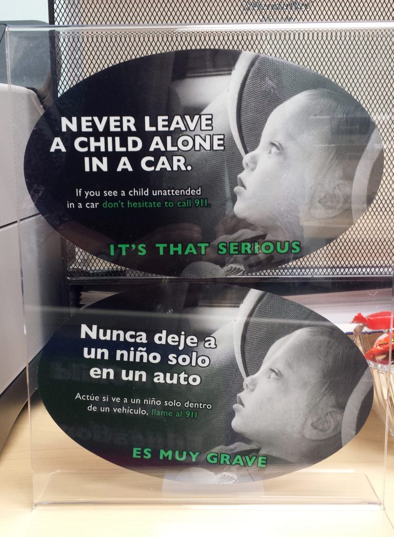 This Monday July 28, 2014 photo provided by the Frederick County, Md. Health Department shows car decals warning people not to leave children alone in cars. The Alliance of Automobile Manufacturers is offering the free decals through for distribution through public health agencies, schools and daycare centers in the Washington, D.C., area, and to the public on its website. (AP Photo/Courtesy of Frederick County, Md., Health Department)