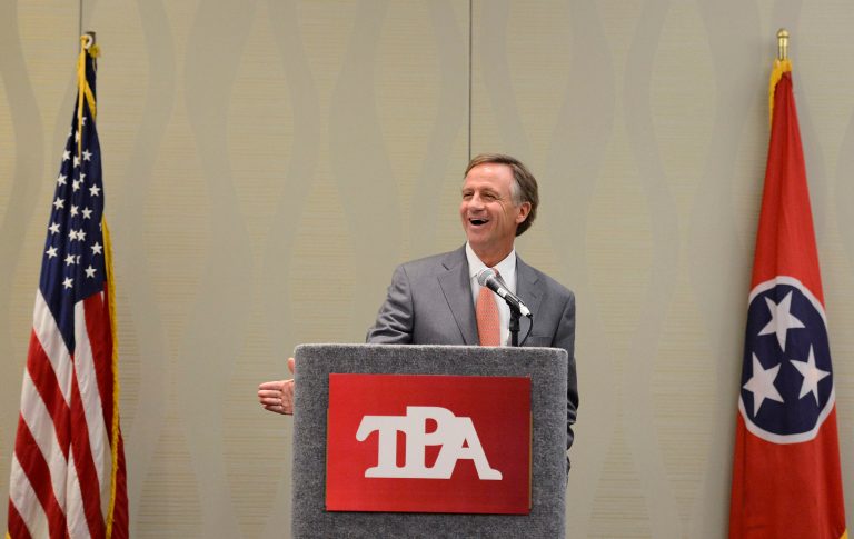 Tennessee Gov. Bill Haslam speaks at a legislative planning session sponsored by The Associated Press and the Tennessee Press Association on Thursday, Feb. 6, 2014, in Nashville, Tenn. (AP Photo/Mark Zaleski)