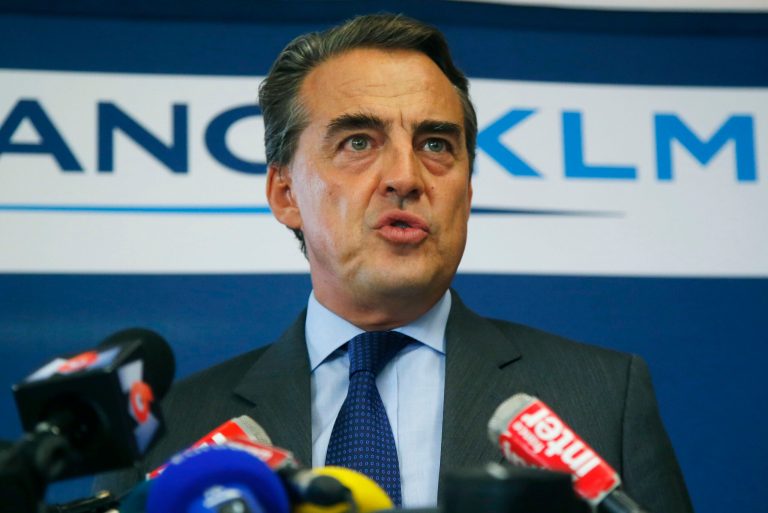 Head of Air France-KLM Alexandre de Juniac, speaks during a press conference in Paris, Sunday Sept. 28, 2014. Air France's leading pilots union on Sunday announced an end to a 14-day strike that grounded roughly half of the airline's flights, stranded passengers worldwide and led to stern shows of frustration by the French prime minister. (AP Photo/Michel Euler)