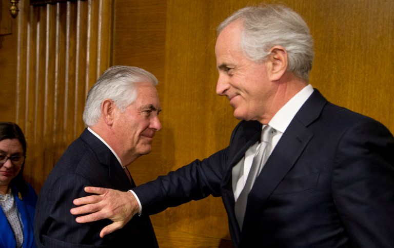 Sen. Bob Corker's panel will vote on the Tillerson nomination on Monday but the outcome is not certain. (AP Photo/Steve Helber)