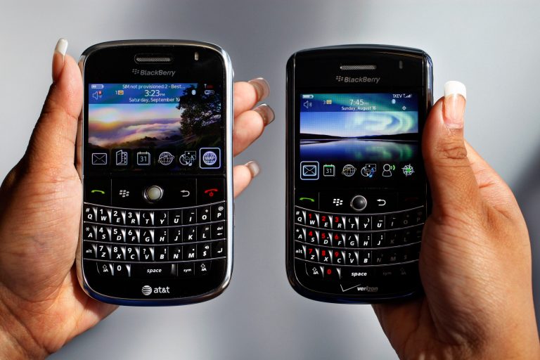 In this Monday, Sept. 21, 2009, file photo, a BlackBerry Bold, left, and Tour, right are photographed in Mountain View, Calif., Monday, Sept. 21, 2009.Troubled smartphone maker BlackBerry has won an early round in its legal battle against an iPhone keyboard made by a startup co-founded by 